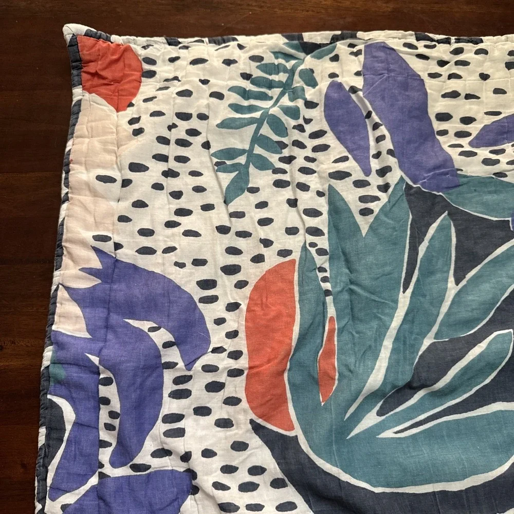 Anthropologie Pillow Sham EURO Quilted Melbourne Tropical Print Blue AS IS